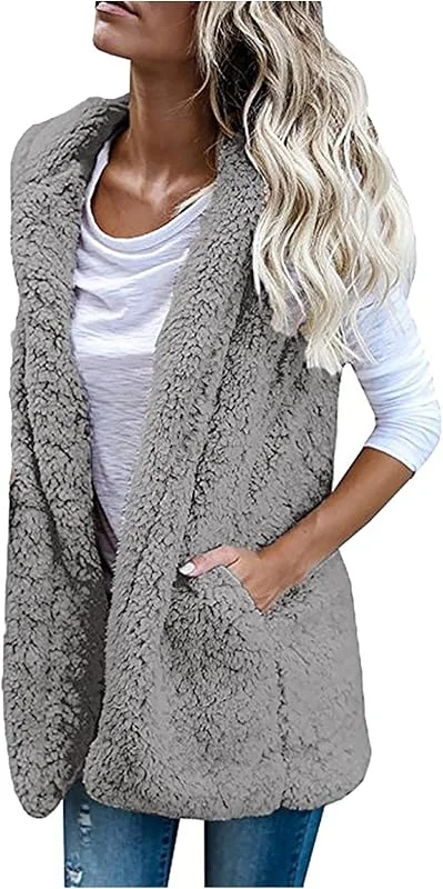 Damen Fleeceweste Plüschweste Kunstfell Teddy Fleece Weste Outwear Herbst Winter Outdoor Warm Daunenweste Steppweste Bequem Ärmellos Cardigan Jacke Longweste Westen Tank Tops, Grau, S — Heizkleidung