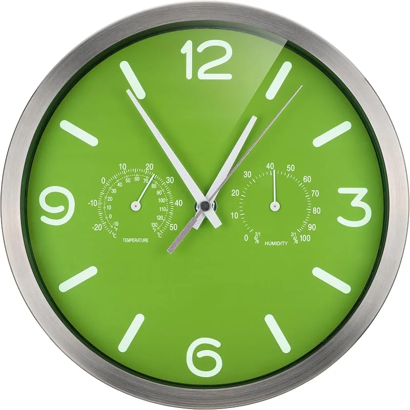 Bresser Funkuhr Wanduhr MyTime ND Thermo-Hygro mit geräuschlosem Funkuhrwerk, Edelstahlrahmen und Anzeige für Temperatur und Luftfeuchtigkeit, grün, 250x250mm — Luftbefeuchter