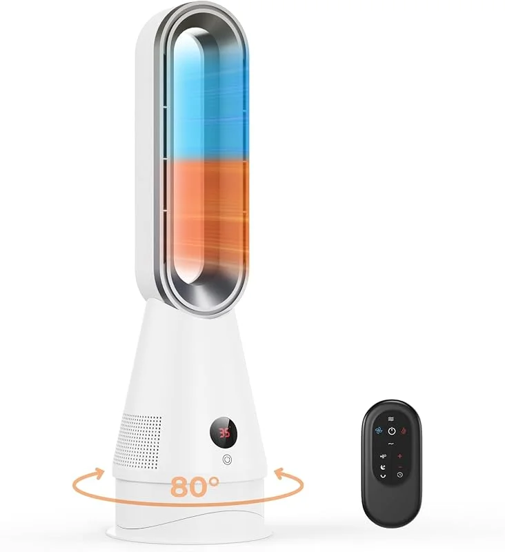 2-in-1 Energiesparend Rotorloser Ventilator & Heizlüfter mit Fernbedienung, 30dB Leiser, 80° Oszillation, 25° Neigungsverstellung, 9H Timer, 20-35°C Temperatur, für Bad Schlafzimmer Büro — Heizung Warmepumpe
