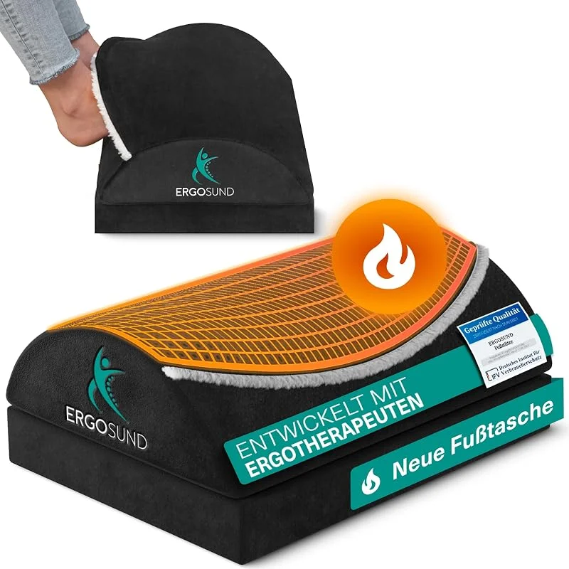 ERGOSUND Fußstütze Schreibtisch [TESTSIEGER] mit Flausch-Fußtasche, Fußbank — Heizung Warmepumpe