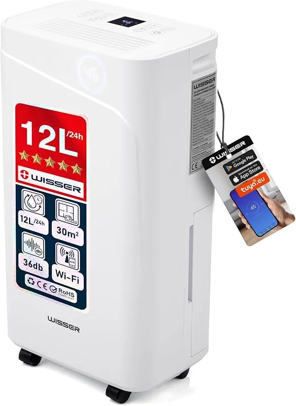 Wisser Luftentfeuchter elektrisch 12 L, 24h für Keller bis 30 m² – 36 dB — Luftbefeuchter