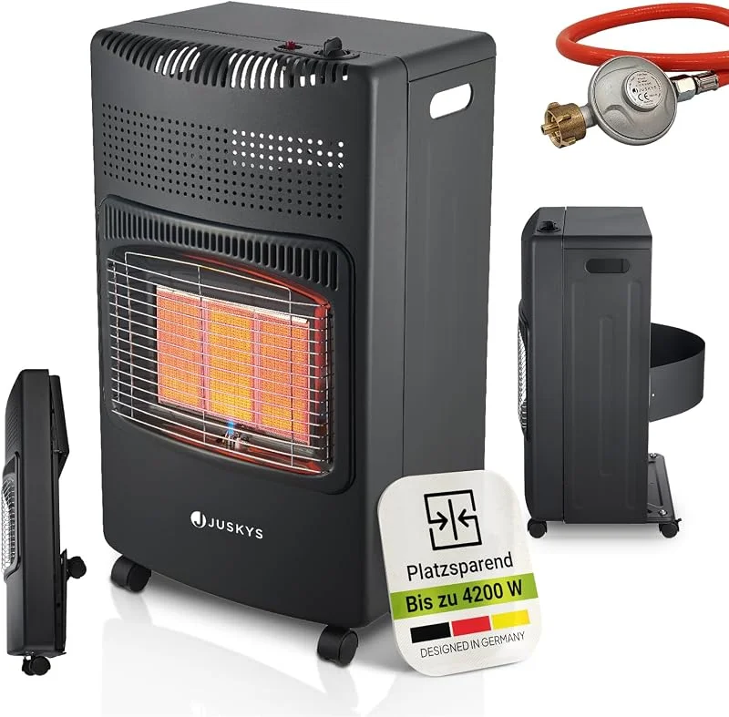 Juskys® Keramik Gasheizung GS42US in Schwarz - 4200 W mit Druckregler & Schlauch - Mobil & effizient - Gasheizer Gasheizofen Gasheizgerät — Heizung Warmepumpe