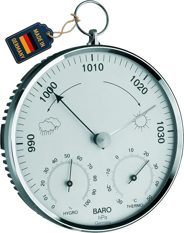 TFA Dostmann Analoge Wetterstation mit Metallring, 20.3006, inkl Barometer, Thermometer, Hygrometer, zur lokalen Wettervorhersage, deutsches Familienunternehmen, silber — Luftbefeuchter