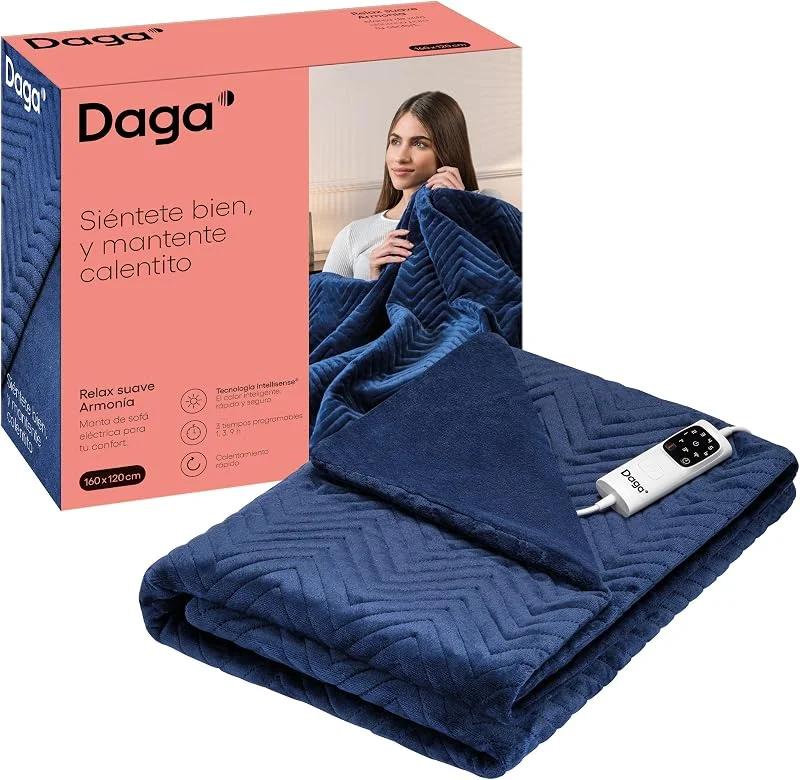 DAGA Elektrische Heizdecke für Relax-Sofa, weich, blaue Harmonie, Intellisense-Heiztechnologie, Stoff und Polsterung aus Samt, 6 Temperaturstufen, 160 x 120 cm — Heizung Warmepumpe