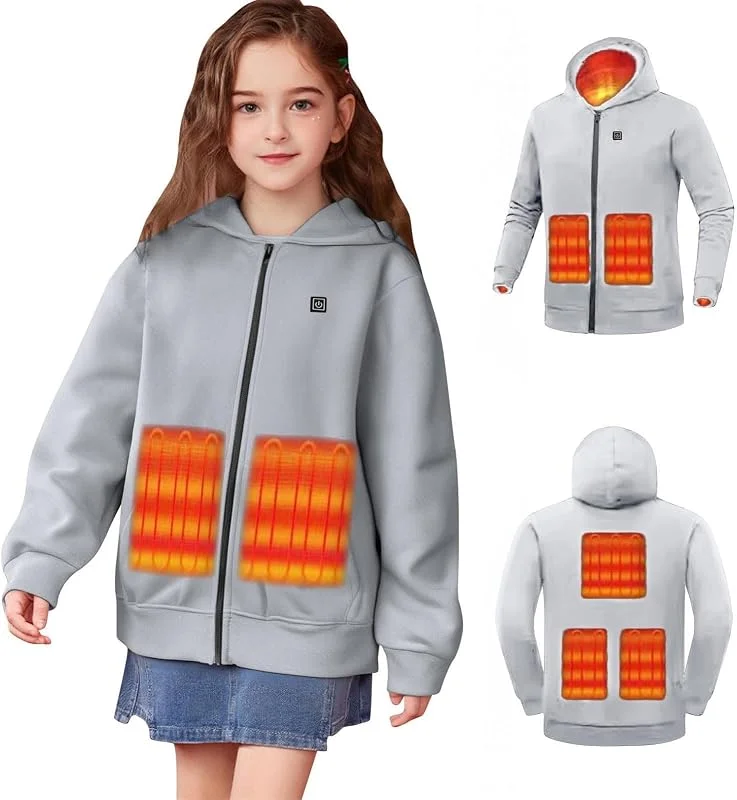 Beheizbare Kapuzenpullover Kinder Hoodie Sweatjacke mit 5 - Zone Heizung 3 Temperaturstufen Funktionsjacke Winterjacke Sweatshirt Beheizte Kleidung für Jungen Mädchen 4-14 Jahre — Heizkleidung