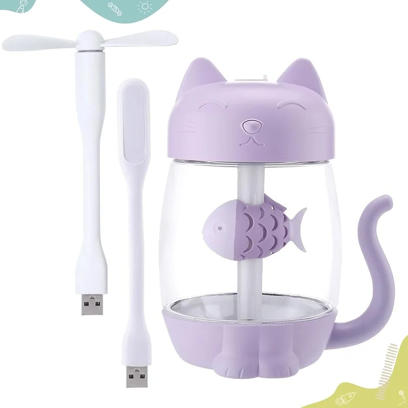 Mini-Luftbefeuchter für Kinder, 350 ml, mit LED-USB-Licht und Mini-Ventilator, leiser kalter Nebel für Kinder und Babys, ideal für Schlafzimmer, Geschenk, sicher, für Sommer und Winter (lila)