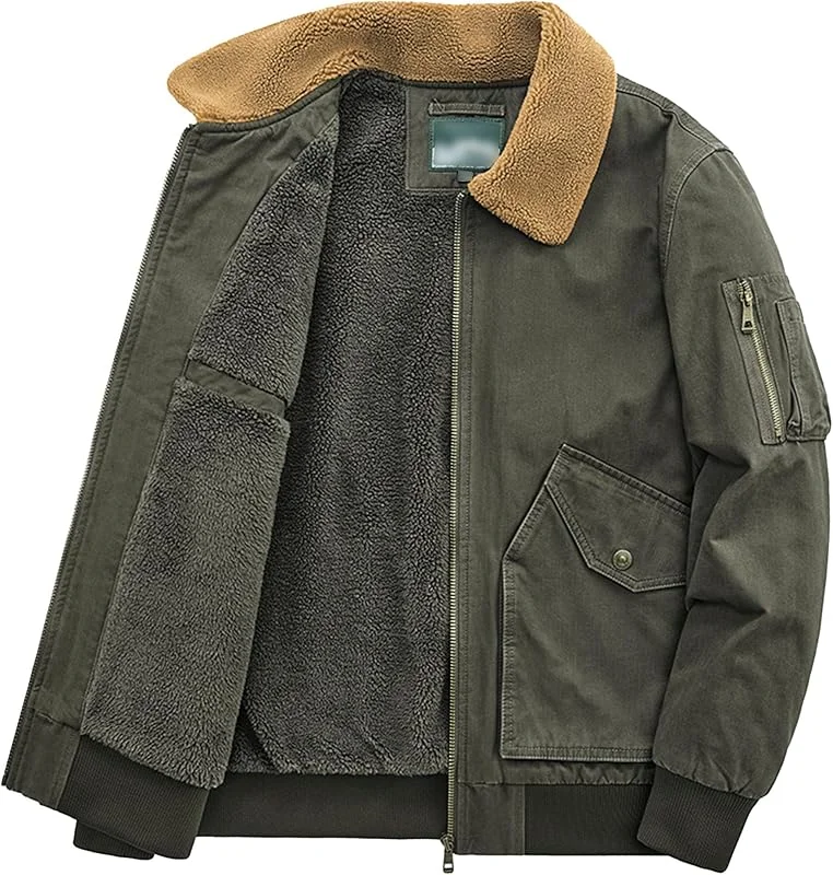 Herren Casual Baumwolle Cargo Sherpa Jacke Pelzkragen Warmer gepolsterter Wintermantel Fleece gefütterte Bomberjacke mit Tasche — Heizkleidung