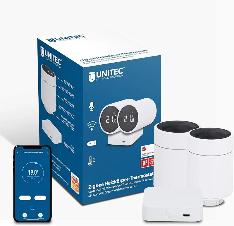 UNITEC Smart Heizkörper-Thermostat Starter Set 2+1 mit LCD Display, kompatibel mit Amazon Alexa und Hey Google — Heizung Warmepumpe