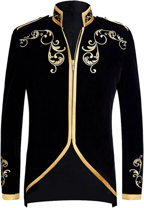 Herren Gestickte Jacke Blazer Stilvolle Hof Prinz Schwarz Gold Uniform Casual Slim Fit Mäntel Kleid Outfit Anzug — Heizkleidung