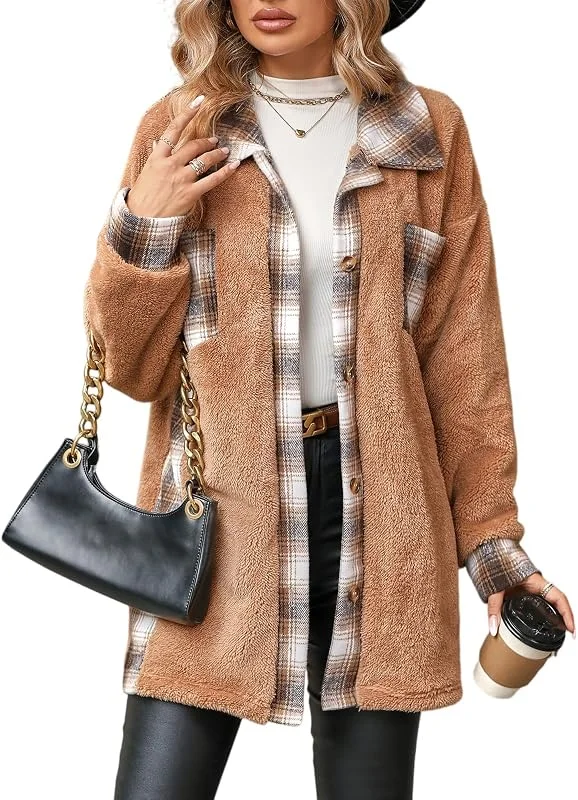 Ansenesna Winterjacke Damen Warm Gefüttert Wintermantel Mit Fell Flauschig Teddy Fleecejacke Teddyfleece Jacke Winter Kariert Mantel Frauen Teddyfell Dicke Damen-Jacken Plüsch Thermo Hemdjacke — Heizkleidung