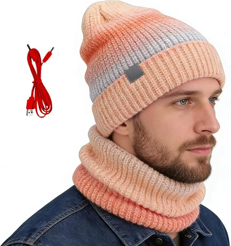 Beheizte Mütze für Herren, 2-in-1, warm, USB-beheizt, Mütze, Schal, Set, warme Fleece-Strickmütze, für Skifahren, Radfahren, Pendeln, Reisen, Business, Morgen, Laufen, Wandern — Heizkleidung