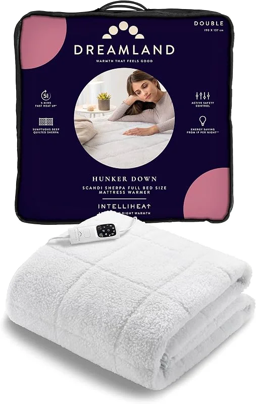 Dreamland Hunker Down Scandi Sherpa elektrische Unterdecke für Doppelbetten (Intelliheat Plus Fast Heat, maschinenwaschbar, 190 x 137 cm, 1 abnehmbare Steuerung, 6 Temperaturen und automatischer — Heizung Warmepumpe
