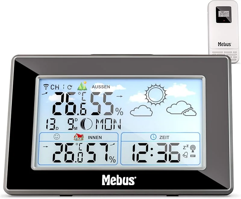 MEBUS funkgesteuerte Wetterstation mit Außensensor, Thermometer, Hygrometer, Funkuhr, Wohlfühlindikator bewertet Raumklima, Wettervorhersage, Mondkalender, Wecker, Farbe: Schwarz-Silber, Modell: 40917 — Luftbefeuchter