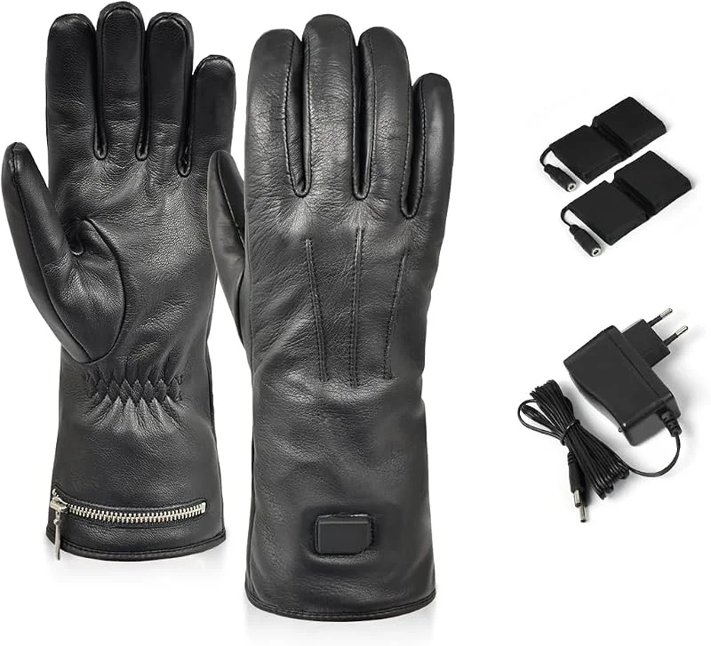 XOLARHEAT Klassische beheizte Handschuhe, 100% Ziegenleder, weiches Futter – 2 Heizstufen (4 h, 2, 5 h) – wiederaufladbare Batterien (7, 4 V), Doppelladegerät — Heizkleidung
