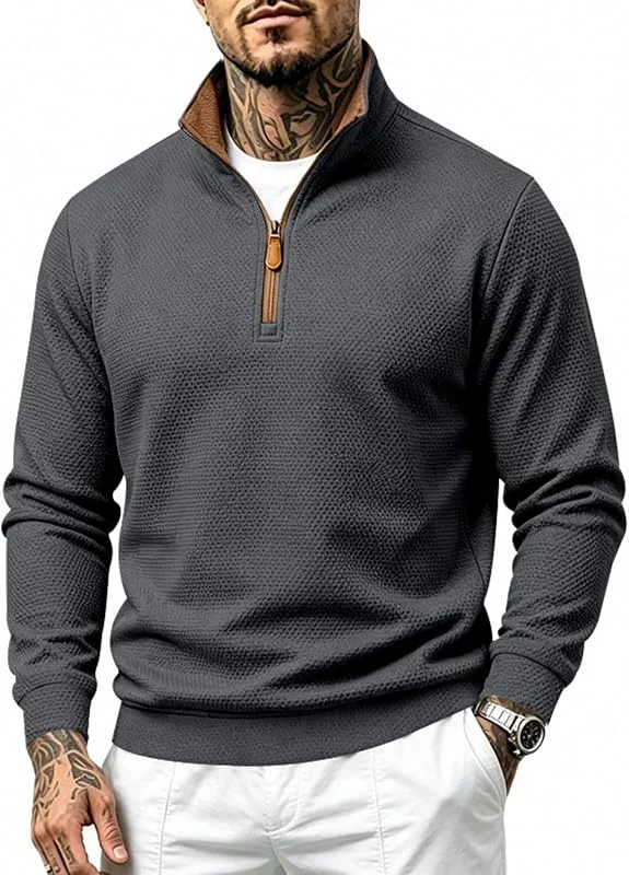 Generisch Herren Halfzip Pullover Stehkragen Waffelmuster Hoodie Halb Reißverschluss Langarm Sweatshirt Bequem Freizeit Sport Basic. — Heizkleidung