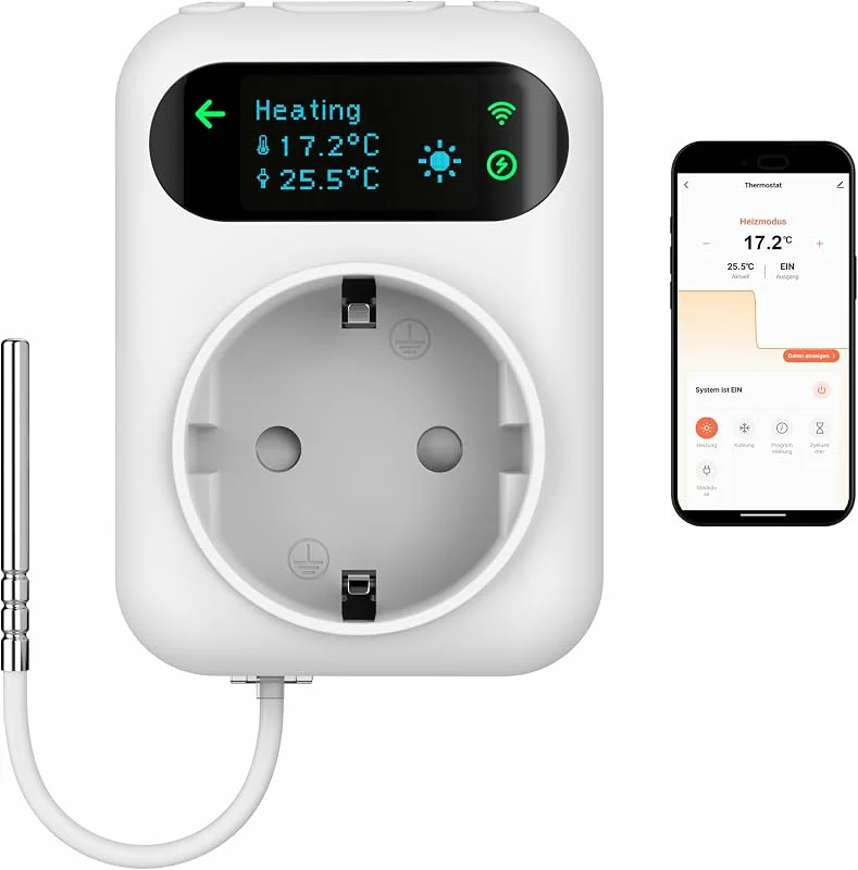 Brandson - Steckdosenthermostat WLAN - OLED Display - Heizen Kühlen – Wochentimer - Smart Home App Tuya Smart - WiFi Thermostat für die Steckdose mit Fühler - Temperaturregler für Heizung ect... — Heizung Warmepumpe