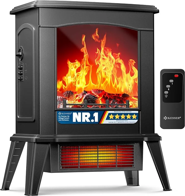KESSER® LED Kamin Fiero mit Heizung elektrisch, Kaminheizung Elektrokamin Standkamin mit realistischem Feuer -, Flammeneffekt per Fernbedienung, Thermosicherung Verschiedene Heizstufen 2000W — Heizung Warmepumpe