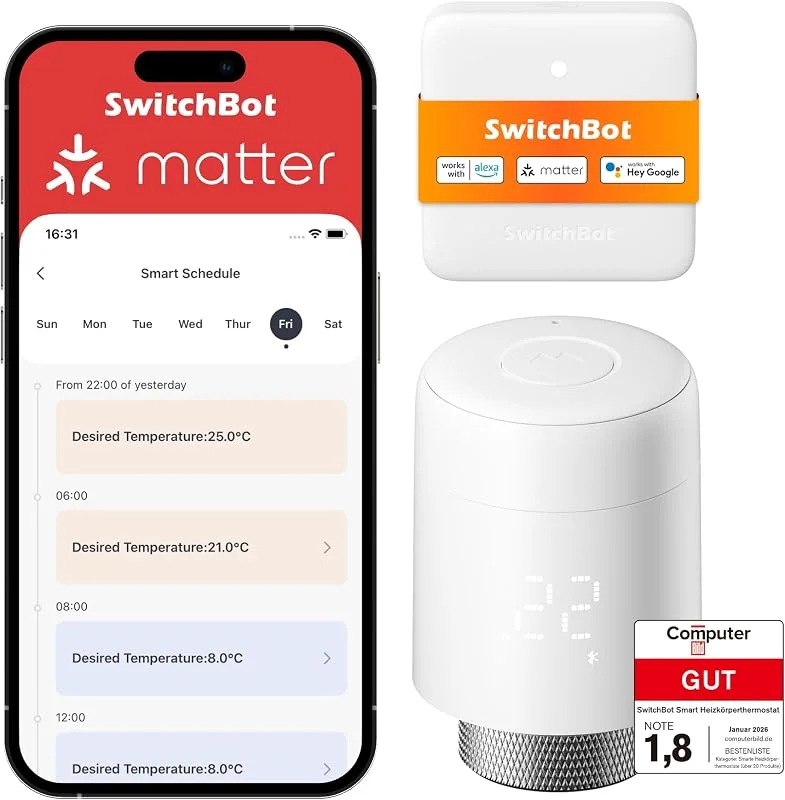 SwitchBot Smart Heizkörperthermostat Matter Combo, Bluetooth-Thermostat mit App&Zeitplanung, Energieseinsparung, Einfache Installation, kompatibel mit Alexa, Apple Home&Home Assistant — Heizung Warmepumpe