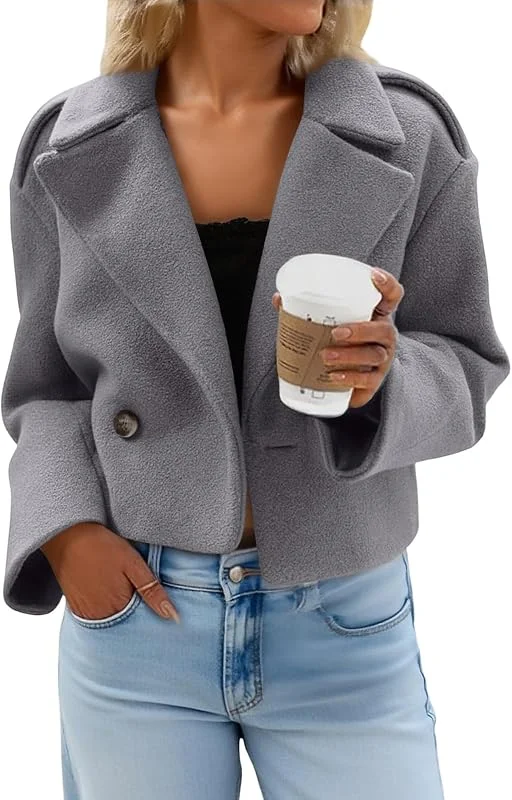 Kurzer Trenchcoat Damen Wolle Kurzmantel Elegant Kurzblazer mit Knöpfen Langarm Casual Übergangsjacke Revers Frauen Wolljacke Kurz Freizeitjacke Sportlich Damenjacken für den Übergang — Heizkleidung