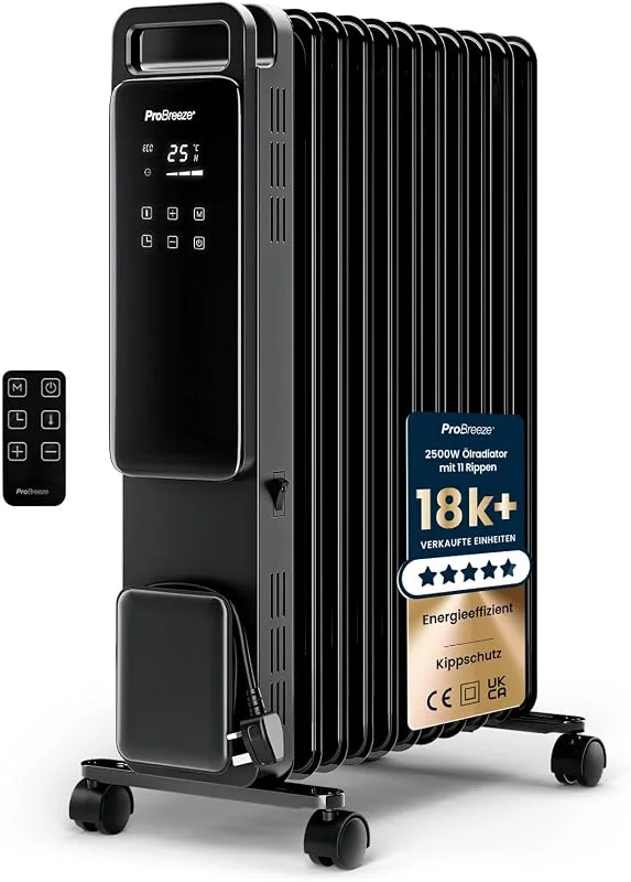 Pro Breeze OmniWarm Ölradiator 2500W mit 11 Lamellen, Heizung elektrisch - Ölradiator energiesparend, 3 Heizstufen, Einstellbares Thermostat, 24h Timer, Touch Display & Sicherheitsabschaltfunktion — Heizung Warmepumpe