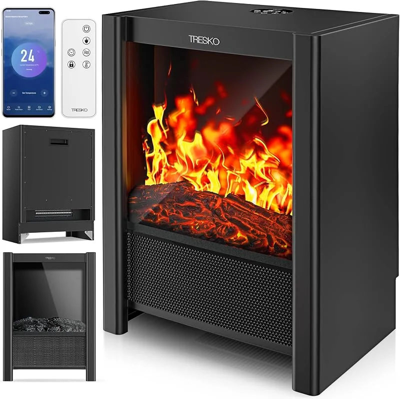 TRESKO® Elektrokamin mit Heizung, Fernbedienung & Smart Home WiFi App 2000W — Heizung Warmepumpe