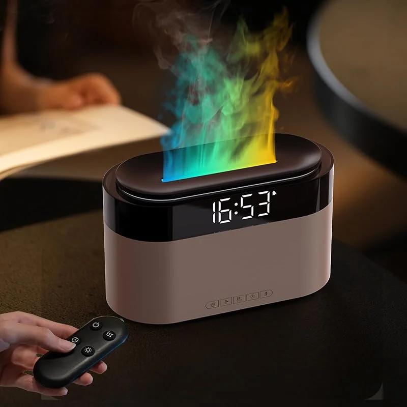 Flammen Aroma Diffuser mit Lichtwecker, Diffuser Ätherische Öle mit Fernbedienung, Wecker mit Licht, Luftbefeuchter mit Fernbedienung, Diffusor für Schlafzimmer, Büro, Spa, Hilft Beim Einschlafen, Weiß