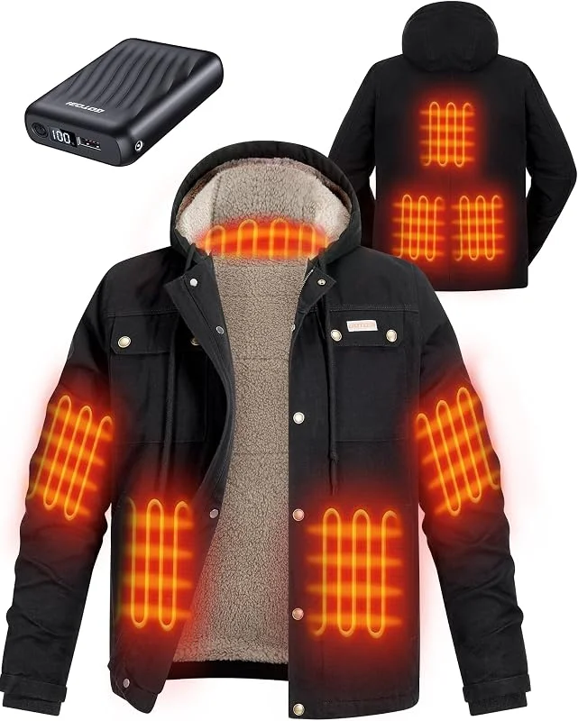 Beheizbare Jacke Herren mit Powerbank 12V 18400mAh, 8 Heizzonen aus Graphene Heizjacke Beheizte Canvas Jacke mit 3 Temperaturstufen, Dicker Herrenmantel mit Kapuze und Fleece-Futte — Heizkleidung