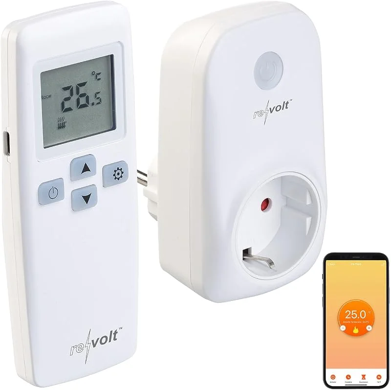 revolt Funkthermostat: WLAN-Steckdosen-Thermostat mit Sensor-Fernbedienung, App, Sprachbefehl (Funk-Thermostat Steckdose, 230V, Infrarotheizung) — Heizung Warmepumpe