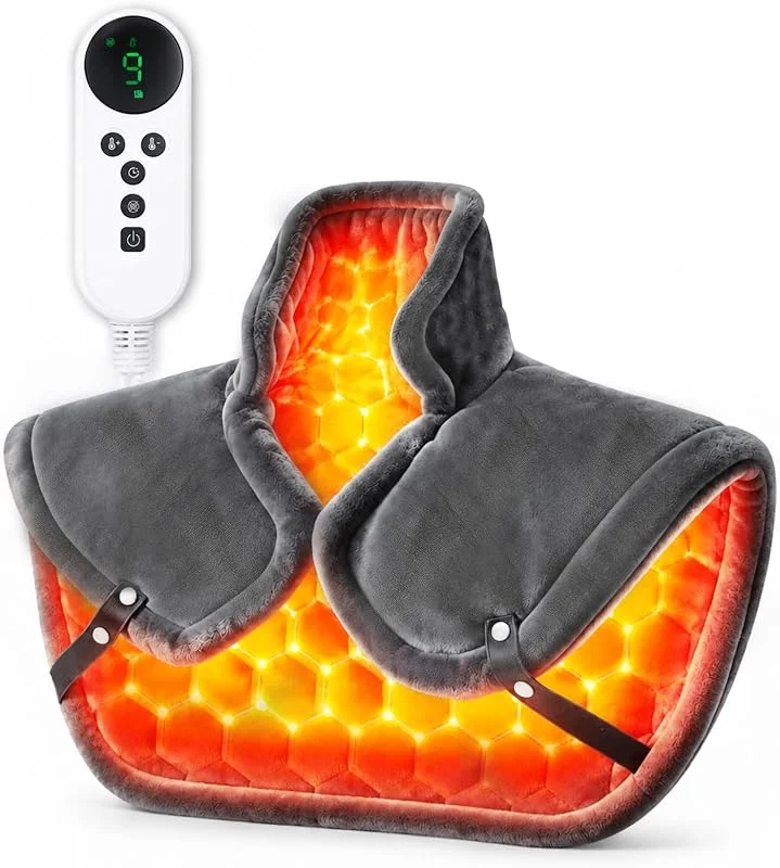 Nackenwärmer 64×58 cm, 8, 9 m PTC, NTC-Heizdraht, 9 Stufen & 4 Timer, Verstellbare Gurte, Waschbar Heizkissen Nacken Schulter mit Anti-Milben-Modus, Geschenk für Mama, Papa & Frauen — Heizung Warmepumpe