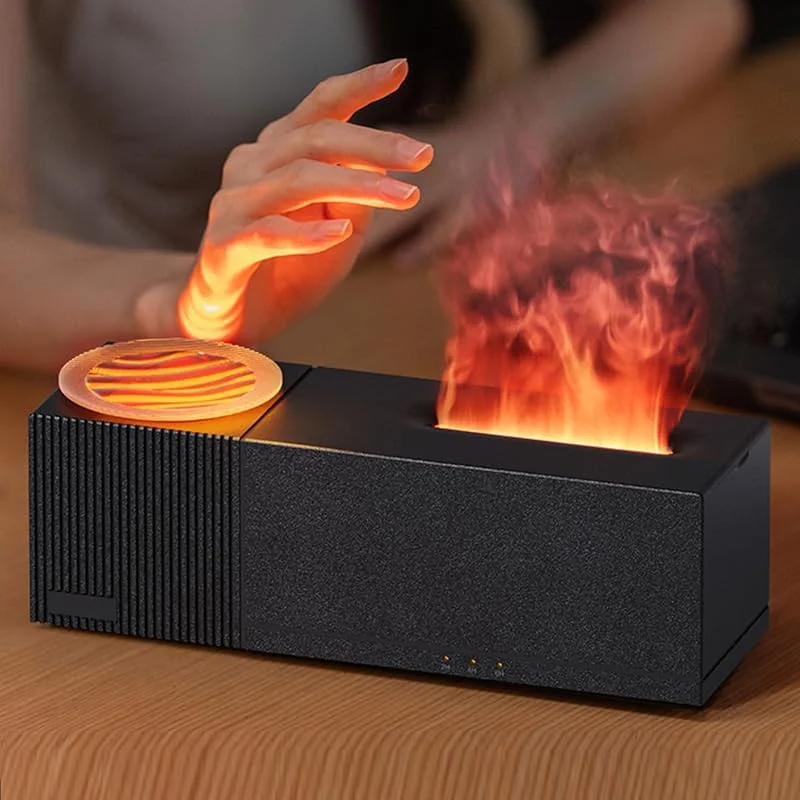 Flammen Aroma Diffuser, Upgrade 7-Farben-Licht Diffuser ätherische öle, Luftbefeuchter Humidifier DuftöL Diffuser für, Raumduft, Zuhause Büro - 4 Timer und Wasserlose Abschaltautomatik (Schwarz)