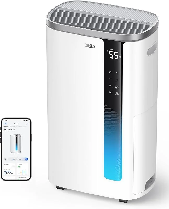 DREO Smart Luftentfeuchter mit App & WLAN, 30L, 24H, 6.5L Tank, 41dB leise, 3 Modi, Timer, für Schlafzimmer, Bad & Keller bis 55㎡, Wäschetrocknung mit Ablaufschlauch, automatische Feuchtigkeitsregelung — Luftbefeuchter