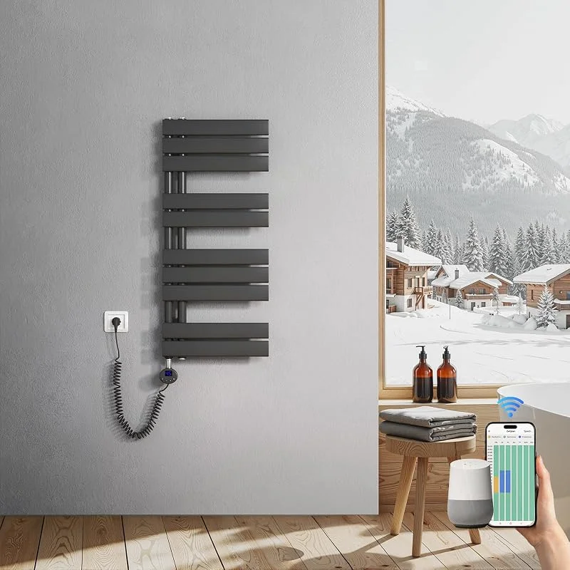 Heilmetz Badheizkörper Elektrisch 899 x 400mm Anthrazit mit WIFI Smart Heizstab 400W, Flach Handtuchwärmer Elektrischer Handtuchheizkörper mit Smartes Heizelement für Handtuchtrockner APP-Steuerung — Heizung Warmepumpe