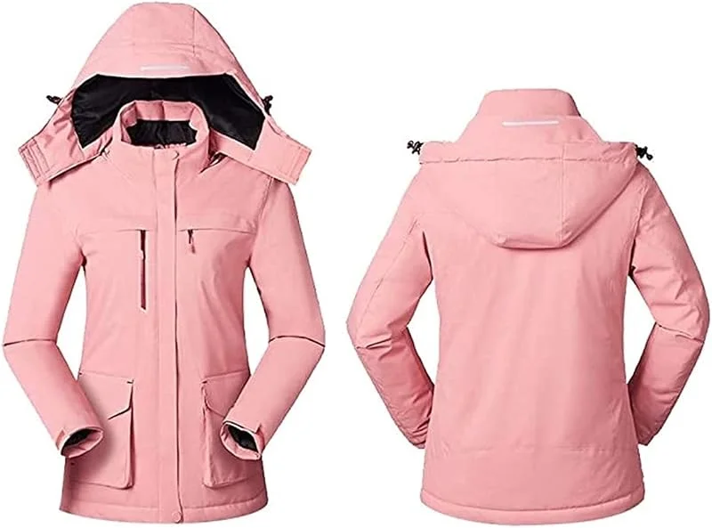 Damen 3in1 Beheizbare Jacke mit Reißverschluss Skijacke Winterjacke mit Abnehmbarer Kapuze Wasserdicht — Heizkleidung