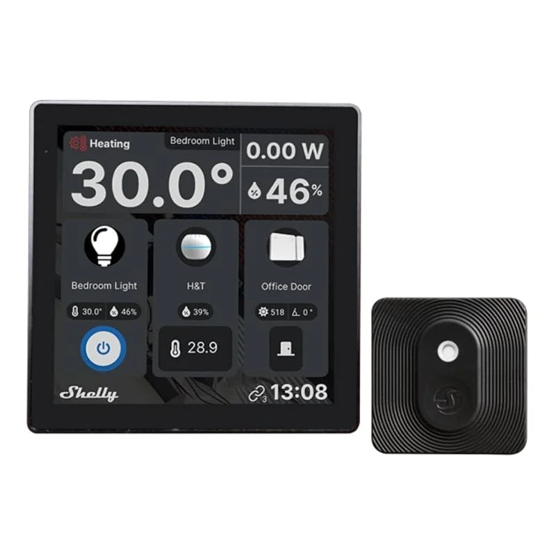 Shelly Wall Display Schwarz + Blu H&T Schwarz (Bundle), WLAN-Smart-Home-Bedienfeld, Thermostat, Integriertes 5A-Relais, Neutralleiter Erforderlich, Umweltdaten, Steuerzentrale, Alexa & Google Home — Heizung Warmepumpe