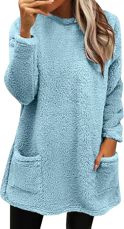 Generisch Damen Lang Teddy Fleece Flauschig Pulli Weich Winter Warm Sweatshirt Ohne Kapuze Lose Plüsch Oversize Casual Fleecepulli Lockeres Einfarbig Weihnachten Oberteile Mit Taschen — Heizkleidung