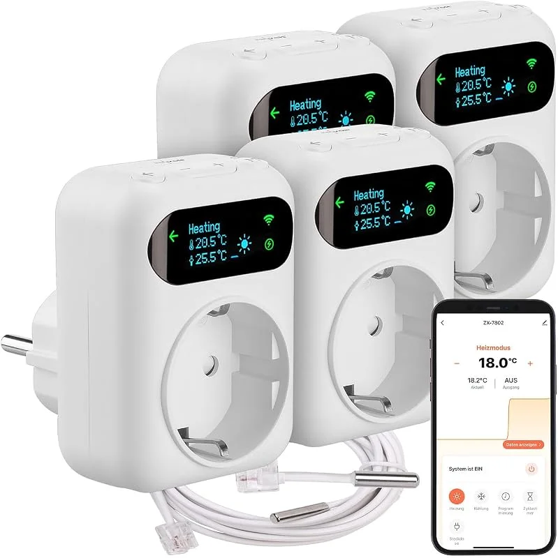 revolt WLAN-Thermostat Alexa: 4er-Set WLAN-Steckdosen-Thermostat, Heiz- & Klimageräte, App, Sensoren (Wireless Steckdosen, Steckdosenstecker, LAN) — Heizung Warmepumpe