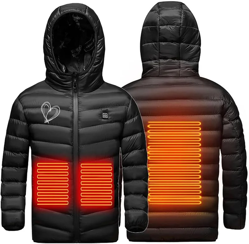 AEGJEGVD Heizjacken Mit Herzprint Für Jungen Und Mädchen Beheizbare Jacke 3-Zonen-USB-Smart-Heizung Winterjacke Mit Konstanter Temperatur, Beheizbare Kleidung with Kapuze Daunenjacke — Heizkleidung