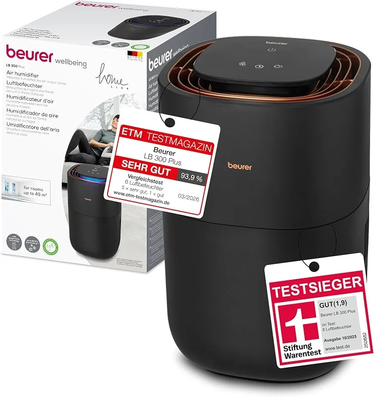 Beurer LB 300 Plus Luftbefeuchter, TESTSIEGER Stiftung Warentest, mit energieeffizienter Kaltverdunstungstechnologie, farbiger Luftfeuchtigkeitsindikator, Filtertrocknungsfunktion, Räume bis ca. 45m²