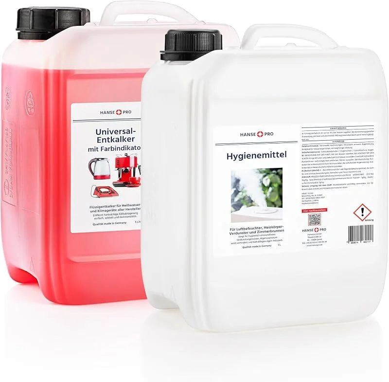 HANSE PRO Pflege-Set für Luftbefeuchter und Luftwäscher, 2 x 5000 ml I Hygiene-Mittel I hält Verdunstwasser hygienisch einwandfrei I Universal-Entkalker I gegen Wiederverkalkung
