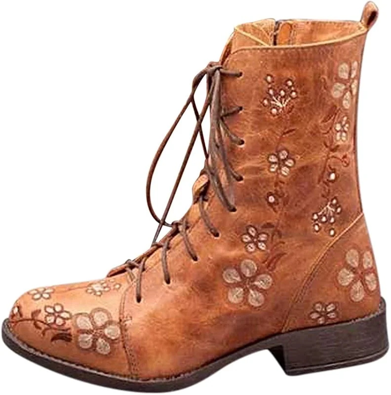 Damen Ritterstiefel Vintage Blume Stickerei Blockabsatz Lange Stiefeletten Reißverschluss Schnürhalbschuhe — Heizkleidung