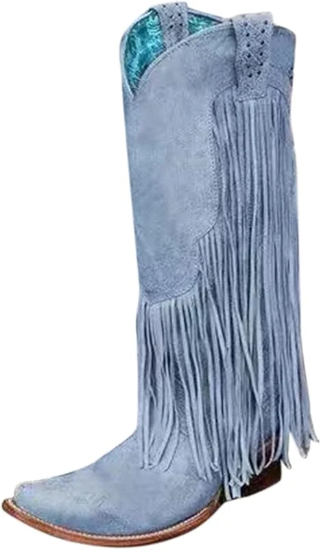 Damen Stiefel Mode Wohnungen Quaste Spitze Zehe Schuhe mit niedrigen Absätzen Western Knight Stiefel — Heizkleidung