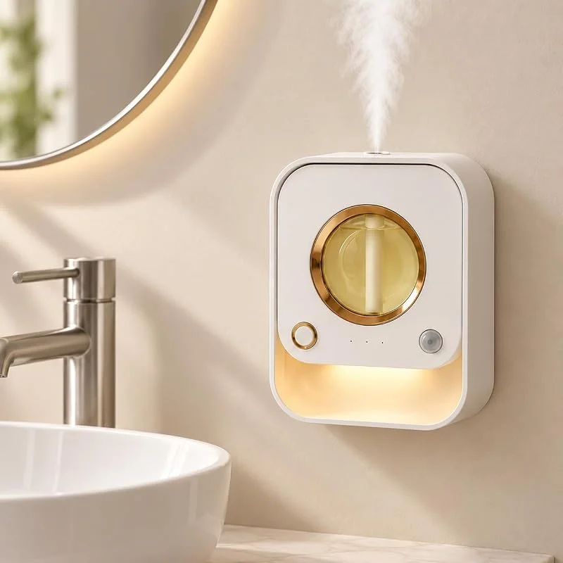 Aroma Diffuser Kabellos Raumduft mit Bewegungssensor, Nachtlicht & 3 Timer, Wand & Tisch Ultraschall Diffuser ohne Wasserbehälter, Lufterfrischer 50ml für Bad, Schlafzimmer, Wohnzimmer Flur (Orange) — Luftbefeuchter
