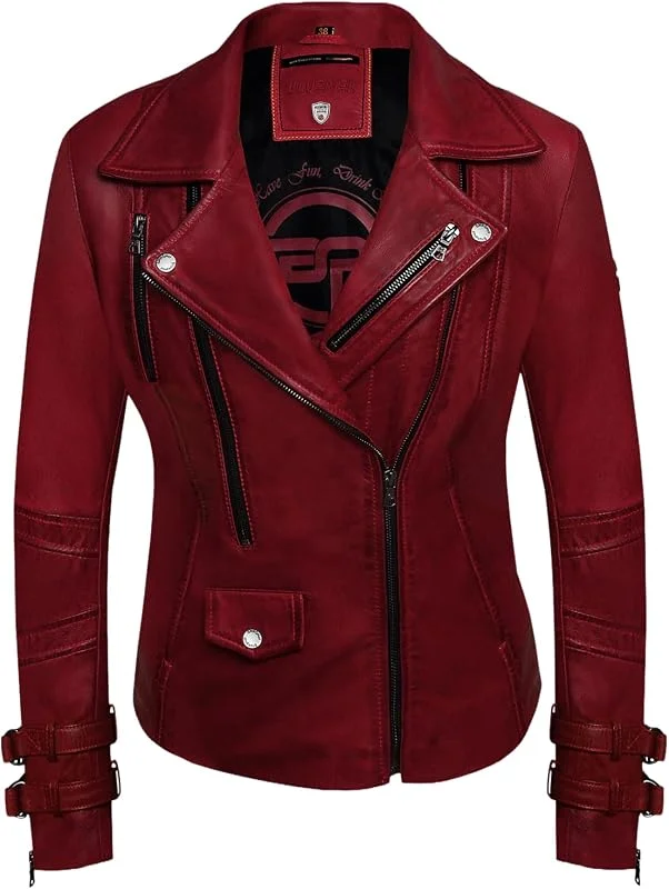 Poula Damen Lederjacke - Modernen Biker-Look - Echt Leder Jacke Rot mit Reverskragen aus feinstem Lammnappa Leder — Heizkleidung