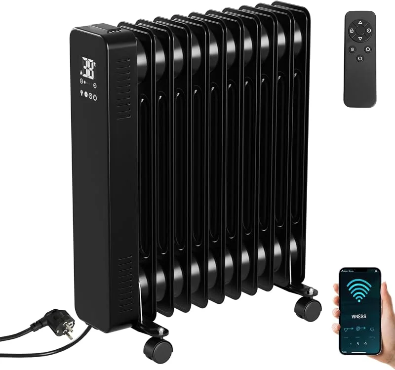 Fiqops Ölradiator 2500W Ölradiator Energiesparend, mit 11 Rippen 3 Heizstufen, Thermostat, WiFi App & Fernbedienung, Digitalem Display, Elektrische Heizung Überhitzungsschutz, Ölheizung Schwarz — Heizung Warmepumpe