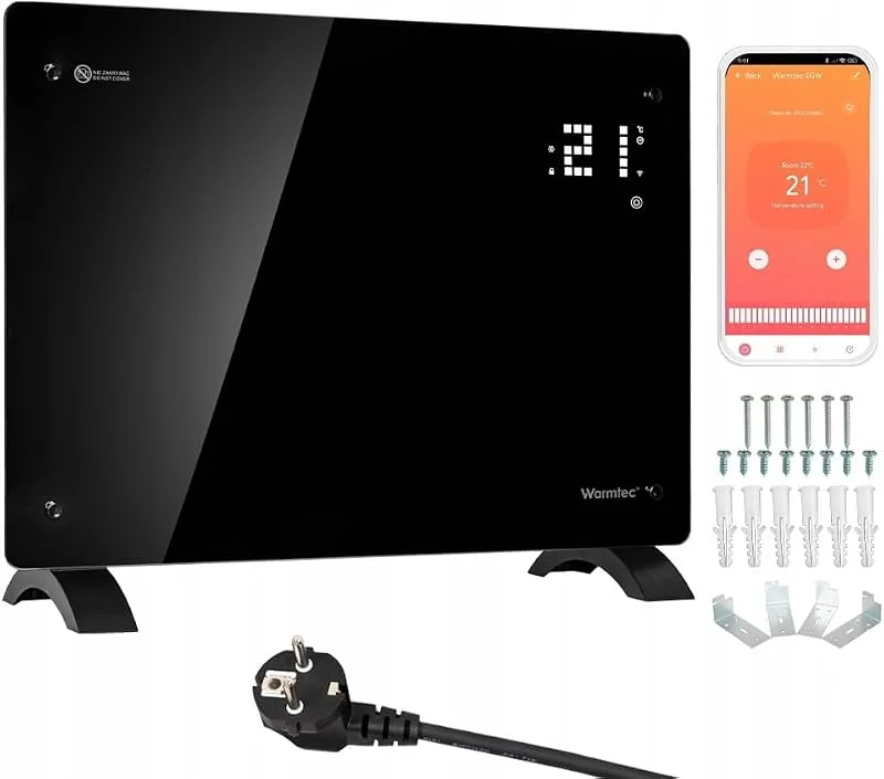 WARMTEC Elektroheizung 1500W, Glasheizung mit WiFi-Steuerung, Timer, LCD-Display und Wochenprogramm, Konvektor-Heizung für energiesparendes Heizen, Elektroheizkörper Stand- und Wandgerät, Schwarz — Heizung Warmepumpe