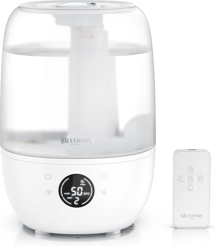 Brandson - Luftbefeuchter digital mit Display – 2000 ml Volumen – mit Fernbedienung – 3 Nebelstufen – Timer – sehr leise - Schlafzimmer Baby Kinderzimmer Büro – weiß-transparentes Design