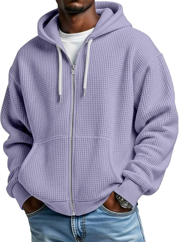 Generisch Herren Zip Hoodie Waffelmuster Sweatjacke Reißverschluss Kängurutasche Kordelzug Langarm Kapuzenpullover Bequem Sport Freizeit. — Heizkleidung