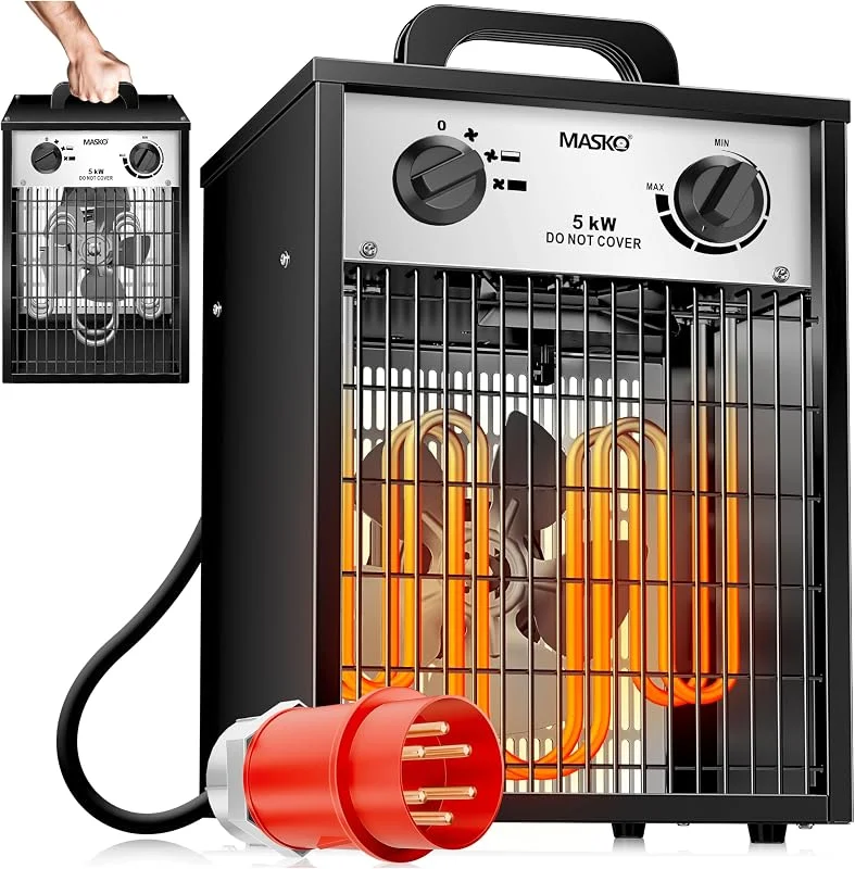 MASKO® Elektroheizer Heizlüfter Bauheizer Keramik Heizstrahler elektrisch Heizgerät mit Thermostat Elektroheizer mit 3 Heizstufen, Heizgebläse für Innen- und Außeneinsatz (Weiß, 5 KW - Eckig) — Heizung Warmepumpe