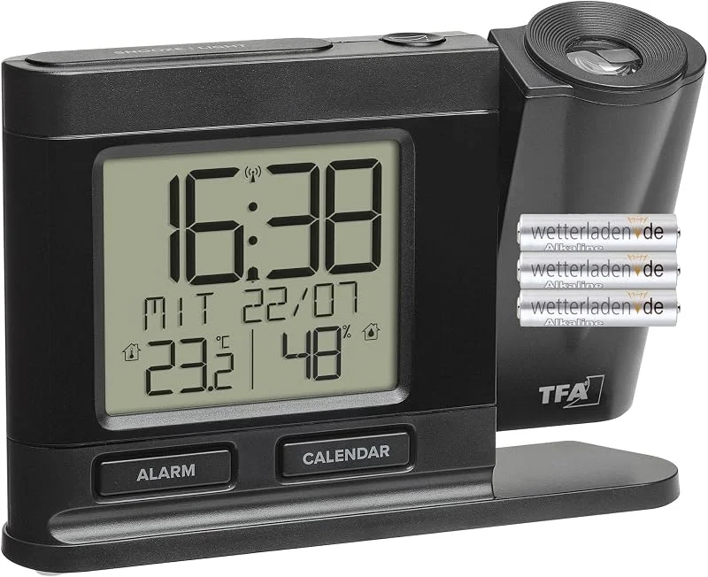 TFA Dostmann Projektionswecker Funk, 60.5017.01, Digitale Funkuhr, mit Netzteil, inkl Thermo-Hygrometer, dimmbar, Schlafzimmeruhr, schwarz, (L) 149 x (B) 38 x (H) 104 mm, schwarz mit Batterien — Luftbefeuchter