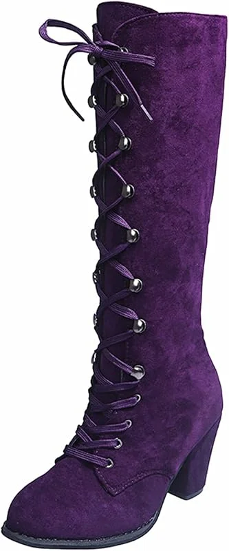 Stiefel Damenmode Casual Vintage Retro Mittelhohe Stiefel Schnüren Dicke Absätze Schuhe — Heizkleidung